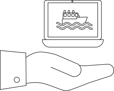 Ekranda gemi olan dizüstü bilgisayar, elinde takım elbise manşetleriyle açık duruyor.