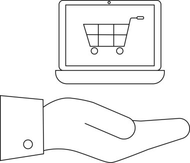 Dizüstü bilgisayarda tek renkli tasarımı açık bir el üzerinde alışveriş arabası görüntüleniyor