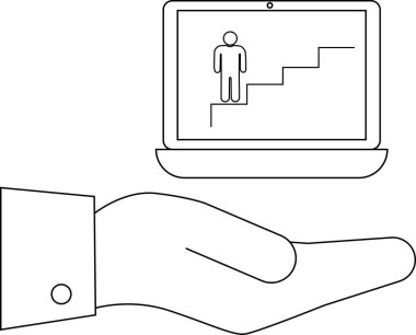 Elinde dizüstü bilgisayarla ekranda merdivenleri çıkan biri var.