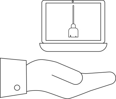 Bir minimalist çizim dizüstü bilgisayarın altında temizlik aracı gösteren bir el gösterir
