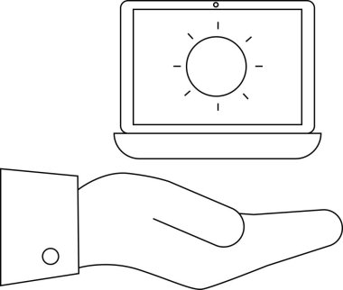 Ekranda güneş olan bir dizüstü bilgisayar elinde durur. El düğmeli kollu bir takım elbise giyer.