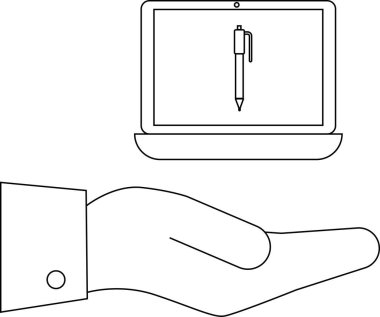 Minimalist bir illüstrasyon ekranda kalemle dizüstü bilgisayar sunan bir el gösteriyor.