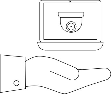 Ekranda güvenlik kamerası olan bir dizüstü bilgisayar açık bir elde dinleniyor.