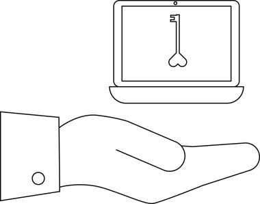 Ekranında anahtar olan bir dizüstü bilgisayar, takım elbise kollu bir elde tutulur.