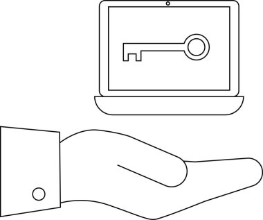 Bir dizüstü bilgisayar, basit bir çizgi sanat tarzında resmedilmiş elin üzerinde bir anahtar gösterir