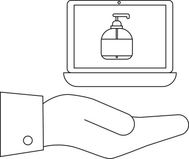 Bir dizüstü bilgisayarda el dezenfektanı açık bir avuç içinde görünür.