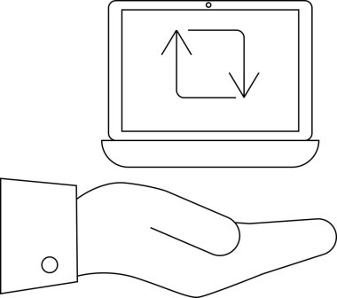 Döngülü okları gösteren bir dizüstü bilgisayar açık bir elde duruyor
