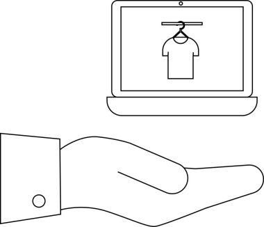 Açık elin üstündeki gömleği gösteren bir dizüstü bilgisayar.