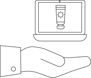 Çevrimiçi cilt reklamını dijital olarak gösteren güneş kremini gösteren bir el bilgisayarı tutuyor.