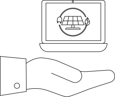 Bir el, fişi ve yaprağı olan güneş panelini gösteren bir dizüstü bilgisayar tutuyor.