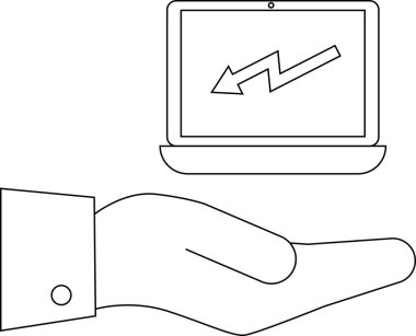 Bir el, beyaz bir arkaplanda izole edilmiş aşağı doğru eğilim grafiğini gösteren bir dizüstü bilgisayar tutuyor