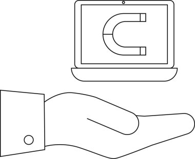 Bir el ekranında at nalı mıknatısı gösteren bir dizüstü bilgisayar tutuyor.