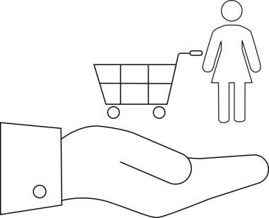 Elinde alışveriş arabası olan bir kadın, siyah beyaz minimalist tasarımı var.