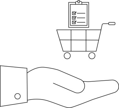 Bir el, üzerinde minimalist çizim tarzında tasvir edilmiş bir liste olan bir alışveriş arabasını sunar.