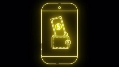 İçinde cüzdan banknotu olan bir telefonun sarı neon çizgisi koyu siyah bir arka plana ayarlanmış.