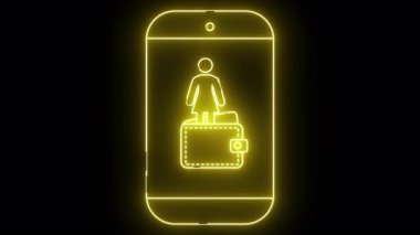 Cüzdanın üzerinde duran bir kişinin olduğu parlak sarı bir akıllı telefon çizgisi.