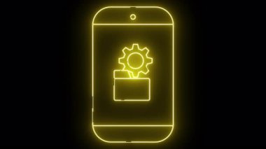 Bir kutuya benzeyen bir kutunun üzerinde vites simgesini gösteren bir telefonun sarı neon çizgisi