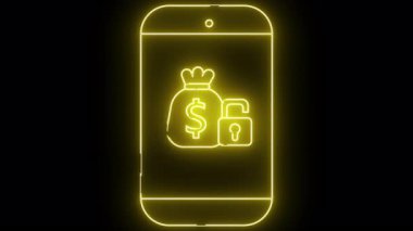 İçinde para çantası olan bir telefonun sarı neon çizgisi ve siyah bir arka planda kilidi açılmış bir asma kilit.