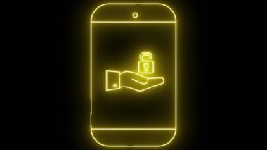 Neon akıllı telefon hattı açık bir asma kilidi tutan parıldayan bir eli gösterir