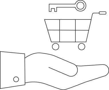 Çizgi sanat. El, üzerinde anahtar olan bir alışveriş arabası tutuyor.