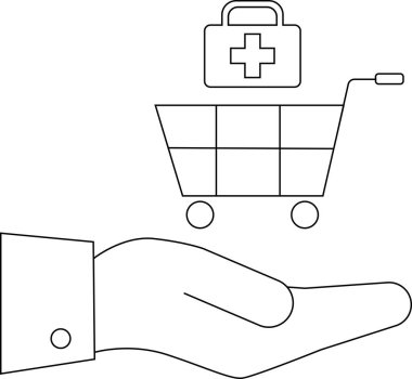 İlk yardım çantasıyla alışveriş arabasını gösteren bir el çizimi.