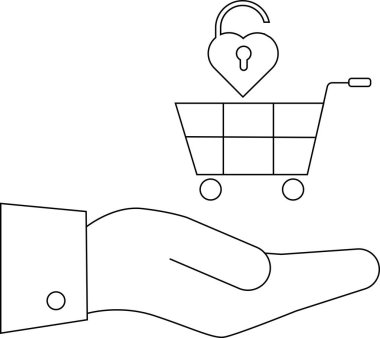 Bir el, üzerinde açık kalp şeklinde bir kilit olan bir alışveriş arabasını tutar.