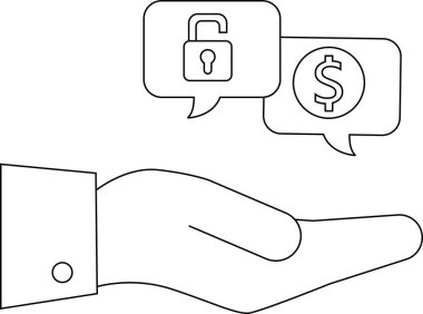 Açık asma kilit ve dolar işareti gösteren konuşma baloncuklarıyla özetlenmiş el.