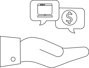 Bilgisayar para konuşma baloncukları ile özetlenmiş el Teknikle ilgili finansal odak