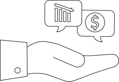 Çizgi açık avuç içi çizerek düşen çubuk grafik dolar simgesi ile konuşma baloncukları iliştirilmiş kol