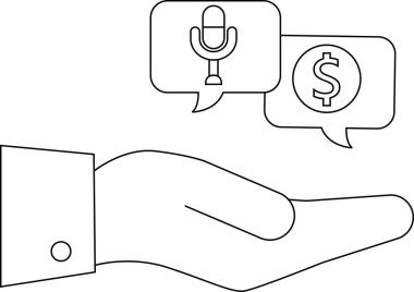 Açık bir el, mikrofon ve dolar işareti ile konuşma baloncuklarını destekler.
