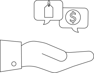Açık bir el iki konuşma balonu sunar. Biri fiyat etiketli, diğeri ise içinde dolar işareti olan.