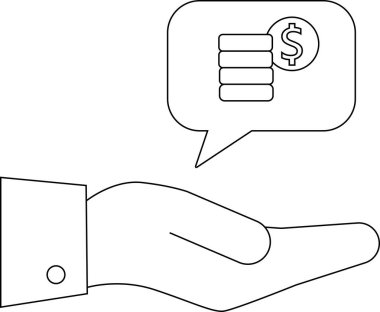 Bozuk para ve dolar işareti tasvir eden bir düşünce balonunun altında açık bir el.