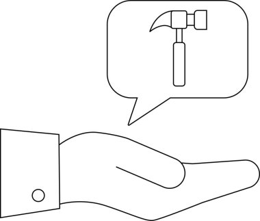 Bir el, konuşma balonunda çekiç sunar. Onarım konsepti.