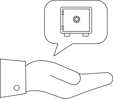 Bir el, bir düşünce baloncuğunu, merkezli bir kombinasyon kadranı olan bir kasanın üzerine uzatır.