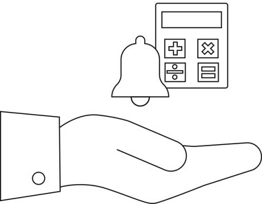 Açık bir avuç içinde, mali farkındalığı belirten bir çan ve hesap makinesi bulunur.