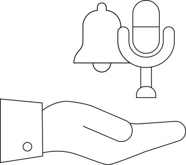 Bir el basit çizilmiş bir şekilde çizilmiş bir çan mikrofon simgesini sunar