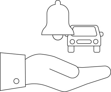Bir araba ve zil, basit bir çizim stiliyle çizilmiş açık bir elin üzerinde tasvir edilir.