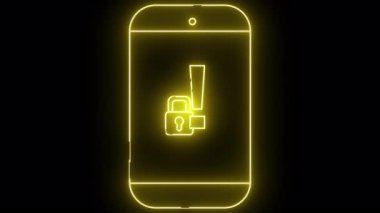 Sarı neon akıllı telefon ana hatları bir kilit simgesi ve karanlık bir arkaplanda ünlem işareti içerir.