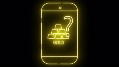 Parlak sarı neon çizgili bir akıllı telefon altın külçeleri ve soru işareti sergiliyor