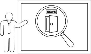 Bir figür, kaçış kapısına odaklanmış çerçeveli bir büyütece işaret ediyor.