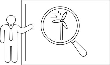 Bir insan büyüteç altındaki rüzgar türbininin çerçeveli bir görüntüsüne doğru hareket eder.