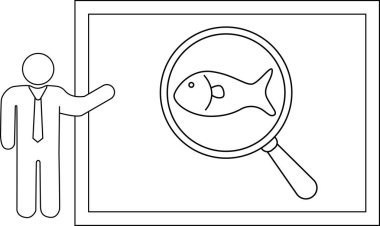 Büyüteç altında balık sunan bir kişi.