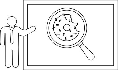 Bir insan, ısırılmış bir çöreğin çerçeveli bir resmini büyüteç altında sunar.