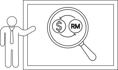 Bir kişi, büyüteç altında dolar ve Ringgit Malezya RM arasındaki döviz alışverişini gösteren bir tablo sunuyor.