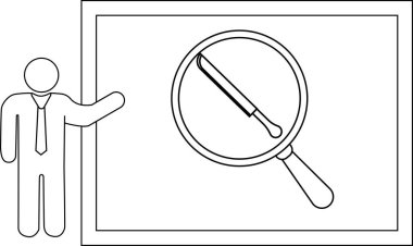 Çubuk bir figür, bir bıçağın üzerinde büyüteç gösteren beyaz bir tahtaya işaret eder.