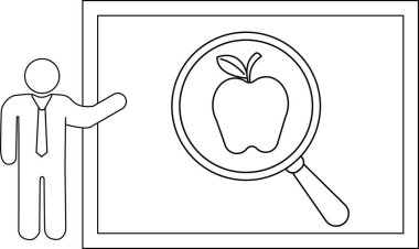 Elma beyaz tahtada büyütülür. Kravat içinde basitleştirilmiş bir figür sunar.
