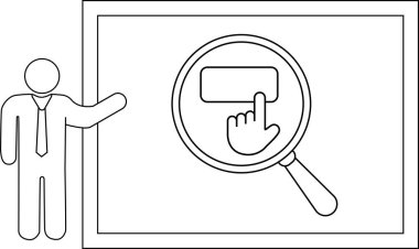 Bir çubuk figürünün sunumuna bir el üzerinde büyüteç basarak bir düğmeye bastığını gösteren bir çizim.