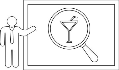 Çizgi sanatı çerçeveli bir görüntünün yanında bir kokteyl çiziminin üzerinde büyüteçle bir figür gösterir.