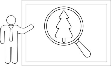 Ağaç sınırının üzerinde büyüteçle beyaz tahta sunan adam.