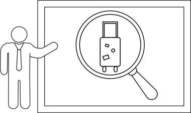 Erkek, ekran ana hatlarında büyüteç altında bagaj sunar.